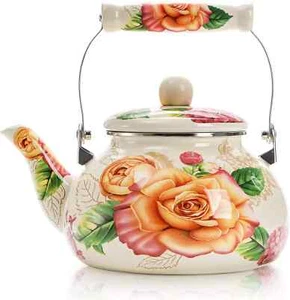 2.6 Quart Vintage Enamel Tea Kettle Large Floral Teapot for Stovetop with Cerami - Picture 1 of 7