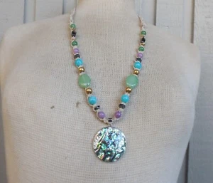 Abalone Shell Adjustable Hemp Necklace Amazonite Larimar Gemstone Beads Natural - Picture 1 of 11