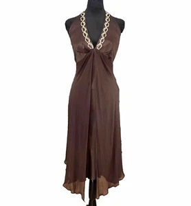 VNTG Donna Ricco Brown Silk Halter dress Sz 10 Rhinestone Asymmetric Y2k Sheer - Picture 1 of 11