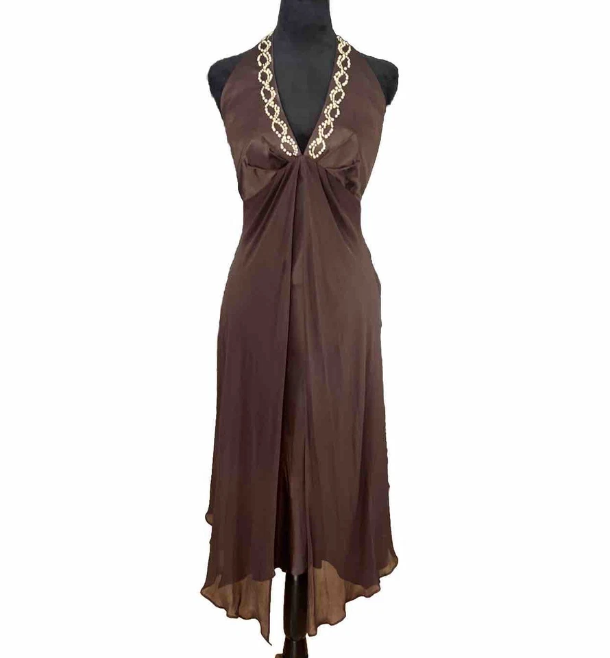 VNTG Donna Ricco Brown Silk Halter dress Sz 10 Rhinestone Asymmetric Y2k Sheer - Image 1 of 4