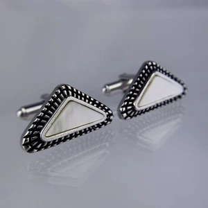 Mother of Pearl Silver Tone Cufflinks Modern Triangle Formal Speidel Vintage - Picture 1 of 11