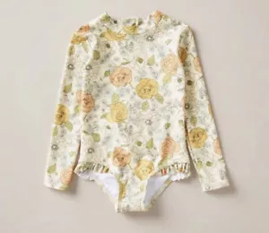Girls size 5 cream la flowers Long sleeve zip Swimsuit bathers UPF50+ NEW 327 - Picture 1 of 3