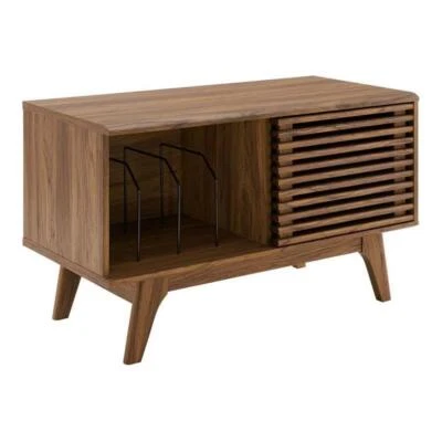 Pemberly Row Wood & Vinyl Record Display Stand with Sliding Door in Walnut - Image 1 of 4