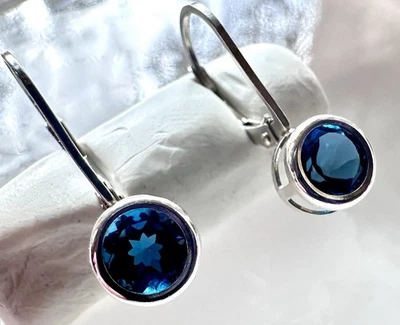 Faceted London Blue Topaz Earrings 925 Sterling Silver Bezel Stamped Leverback - Image 1 of 4