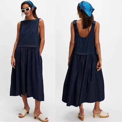 Free People Retro 90s Soraya Dark Denim Drop Waist Midi Jumper Dress Size XL - Image 1 of 4