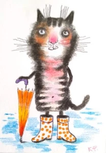 ACEO cat watercolor by the author original 3,5"х2,5" 9x6cm not print - Picture 1 of 1