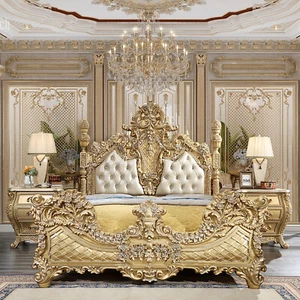 Luxury Ornate King Bed Gold Carved Wood w/ Leather Old World Baroque Rococo - Picture 1 of 17