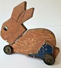 Vtg Pull Toy Wood Bunny Rabbit Easter Pink Blue Paint Wheels Rustic Farmhouse