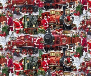 Christmas Fabric - Santa Claus Express Train Collage - David Textiles YARD - Picture 1 of 1