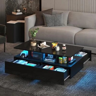 LED Coffee Table Modern High Gloss Center Table with Storage Drawers Living Room - Image 1 of 4