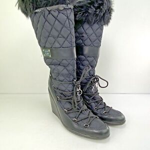 Guess Black Gunnar Quilted Puffer Faux Fur Winter Wedge Snow Boots Women 8.5