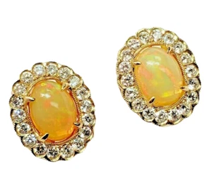 Natural Opal 1.50 carats and .75 ctw Diamond Halo Stud Cluster Earrings - Picture 1 of 11