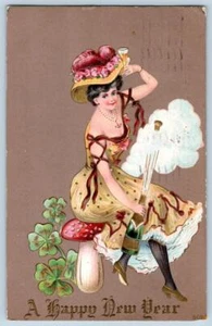 1910 HAPPY NEW YEAR PRETTY WOMAN MUSHROOM POPPING CHAMPAGNE BOTTLE CORK POSTCARD - Picture 1 of 2