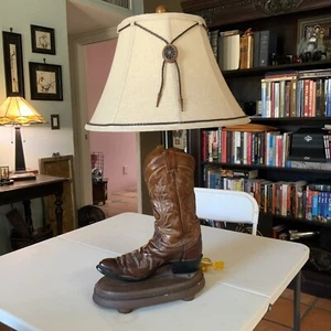 Vintage Western Cowboy Boot & Plaster Table Lamp & Cloth Shade RARE 29” Tall - Picture 1 of 17