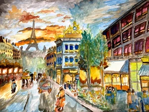 Dream Art Paris Street Eiffel Tower Scene France Travel Colorful Sky Watercolor - Picture 1 of 9