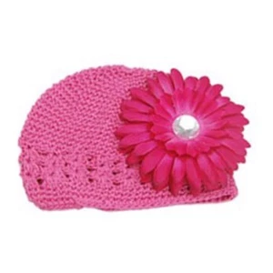 Handmade Crochet Hat w/Flower Hair Pin -Medium-15" Round Stretchable Pink - Picture 1 of 2