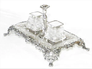 Antique English Henry Wilkinson Sterling Silver Inkstand & Cut Crystals, 1858 - Picture 1 of 12