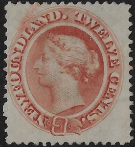 Newfoundland 1865  Sc#28/SG33 12c chestnut MOG w/H. print flaw, CV $65 (a2970 - Picture 1 of 3