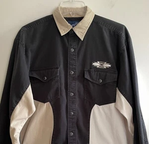 Vintage Wrangler Western Pearlsnap Hemd Herren L schwarz/hellbraun Colorblock bestickt 90er - Bild 1 von 8