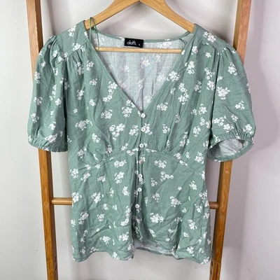 Blusa Top Dotti Mujer 14 Verde Floral Mezcla Lino Botón Delantero Manga Corta Foto 1 de 4