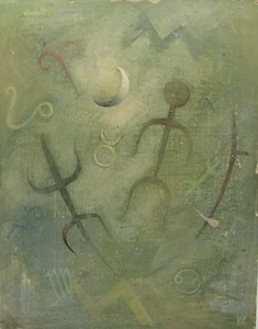 Vintage modernist surrealist zodiac symbols painting signed RC 11x14" - Picture 1 of 18