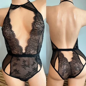 BODYSUIT TEDDY LINGERIE VICTORIAS SECRET BLACK LACE sz M - Picture 1 of 1