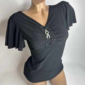 Y2K McBling Black Beaded Flutter Sleeve Top S Rhinestone Pendant Glam Baddie - Picture 1 of 12