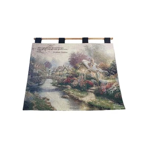 Vintage Manual Thomas Kinkade Large Wall Hanging Tapestries & Wood Holder USA - Picture 1 of 10