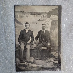 Antique Tintype Photograph Men on Rocks Niagara Falls Waterfall Backdrop Photo - Picture 1 of 2