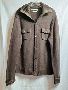 PERRY ELLIS Luxury Blend Wool Blend Shawl Collar Cardigan Sz L Brown Preppy Dad - Picture 1 of 7
