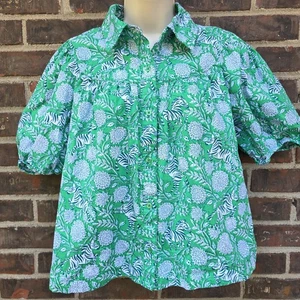Camisa Blusa Top Crown & Ivy Verde Blanco Estampado Cebra Floral Mangas Abullonadas Talla M - Imagen 1 de 6