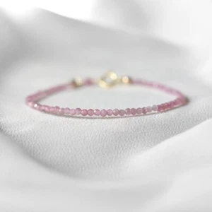 Pink Tourmaline Faceted Round Gemstone Beads October Birthstone Bracelet 6-8" - Picture 1 of 8