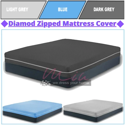 Diamond Zipped Mattress Cover Terry Bed Cover Topper Full Encased Anti Bugs UK
