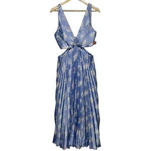 NUOVO abito midi Abercrombie & Fitch blu bianco raso floreale plissettato scollo a V taglia L - Foto 1 di 5