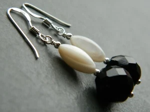 Vintage French Jet, Oval Mother of Pearl Beads & 925 Sterling Silver Earrings - Picture 1 of 15