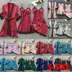 4PCS Women Sexy Satin Silk Nightwear Sleepwear Lace Night Gown Long Dressing Set - Picture 1 of 12