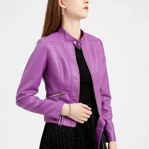 Women Long Sleeve Faux Leather Jacket Crop Mock Neck Full Zip Slim Fit Moto Coat - Picture 1 of 43