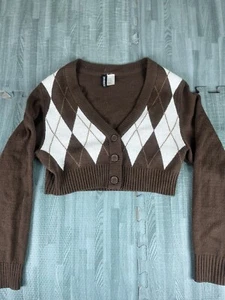 H&M Divided Sweater Womens Sz XXS Brown Cardigan Cropped V-neck - Picture 1 of 5