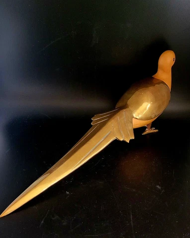 Vintage Carved Wood And long  Brass Feather Tail Cover