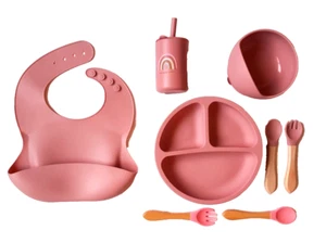 Silikon Baby Geschirr-Set Teller mit Saugnapf Becher Schale Lätzchen Besteck - Bild 1 von 10