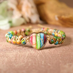 Natural 7 Chakra Imperial Jasper Beads Boho Leather Braided Healing Bracelet - Picture 1 of 7