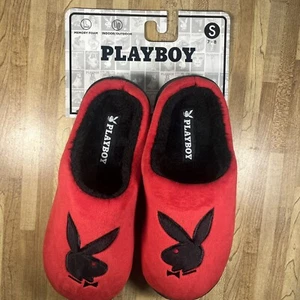 Playboy Logo Memory Foam Indoor Outdoor Black Red Slippers Slides Size Small 7-8 - Picture 1 of 4