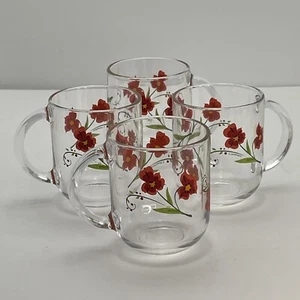 Vintage Retro Luminarc Glass Coffee Tea Mugs Red Flowers 1970s France Set 4 Cups - Bild 1 von 20