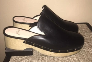 J. Crew Women's Black Leather Wooden Heeled Slip-on Clogs w/Metal Studs Size 9.5 - Picture 1 of 11