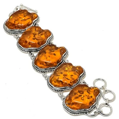 Pulseira de prata esterlina 925 feita à mão com pedra preciosa âmbar do Báltico presente para ela - Imagem 1 de 4