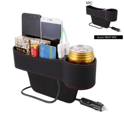 Car Right Seat Crevice Storage Box Pocket Cup Holder Phone Organizer Dual USB - Image 1 of 4