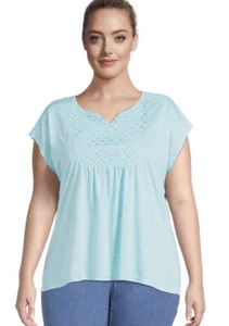 REAL SIZE Womens Semi Loose Top Size 3X Turquoise Crocheted Neckline NWOT - Picture 1 of 8