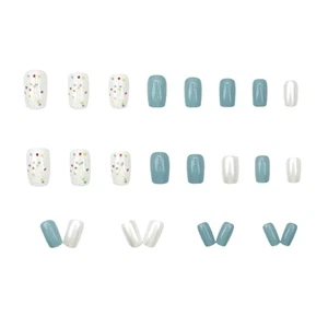 24Pcs Blue Dopamine Colored Polka Dot Short Square False Nails W Jelly Adhes-zd - Picture 1 of 7