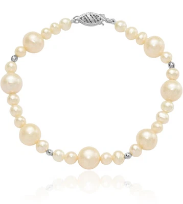 14K Solid White Gold Round Freshwater Cultured Pearl Ball Chain Bracelet - Image 1 of 4