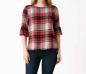 Faherty Camicia Rosso Tartan Plaid Flanella Manica 3/4 Ruffle Frange Pullover Taglia XS - Foto 1 di 12